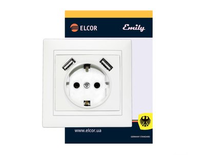 Розетка с заземлением с 2 USB Emily 9215 белый ELCOR 211594 фото