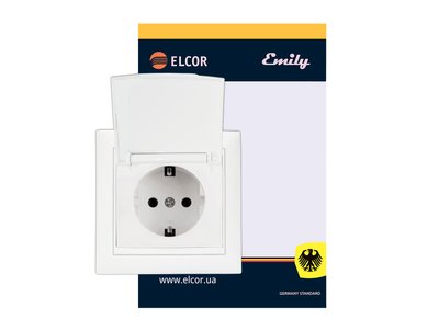 Розетка с заземлением с защитными шторками с крышкой Emily 9215 белый ELCOR 211579 фото