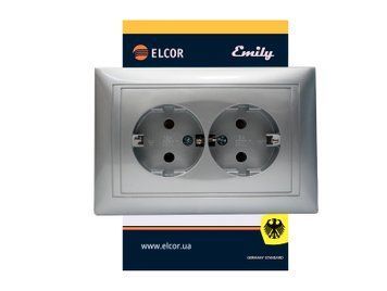 Розетка 2-а з заземленням Emily 9215 сірий металік ELCOR 211572 фото