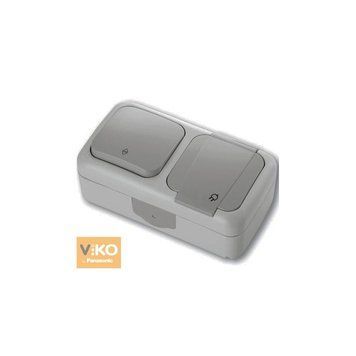 Вимикач прохідний + Розетка з з/к зовнішні штепсельні Palmiye Сіра VIKO 221257 фото
