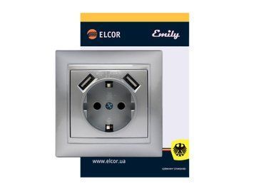 Розетка з заземленням з 2 USB Emily 9215 сірий металік ELCOR 211596 фото