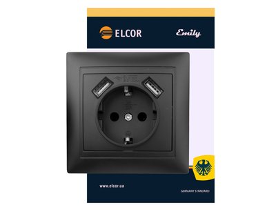 Розетка с заземлением с 2 USB Emily 9215 черный ELCOR 211650 фото