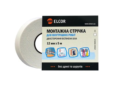 Двухсторонняя вспененая монтажная лента для внутренних работ ELCOR TRIXPE125 12мм*5м белая 40206785 фото