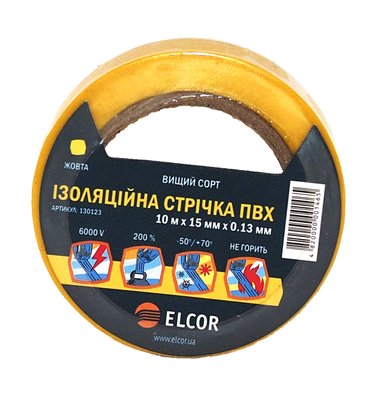 Изоляционная лента ПВХ 10м х 15мм х 0,13мм негорючая и морозостойкая ELCOR желтая 130123 фото