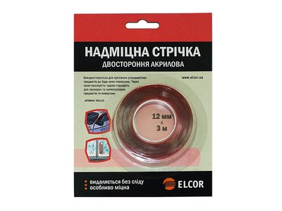 Двостороння надміцна клейка стрічка ELCOR TRA123 12мм*3м на акриловій основі прозора 40206799 фото