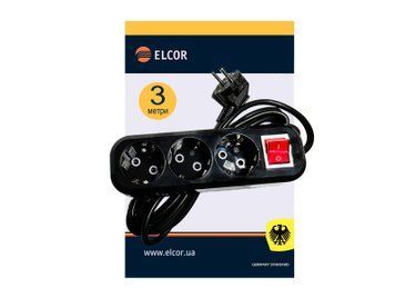 Подовжувач 3 входів 3 метра з/з з вимикачем 16А/250V 2500W чорний ELCOR 420142 фото